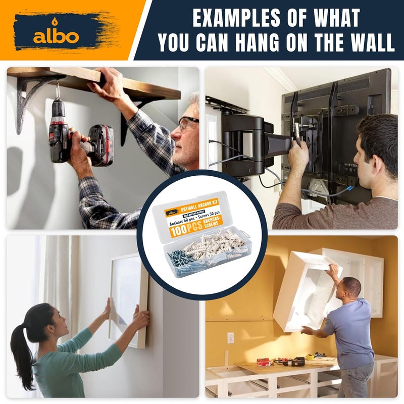 ALBO #8-100 pcs Self Drilling Drywall Anchor Set Hollow Wall with Screws (White Anchor 50pcs + Screws 50pcs) Plastic E-Z Ancor Kit - Image 5